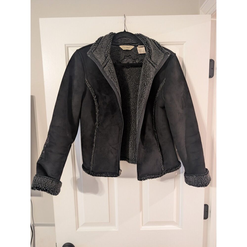 L.L.Bean Sherpa Lined Faux Suede Jacket Womens S Black Embroidered Floral